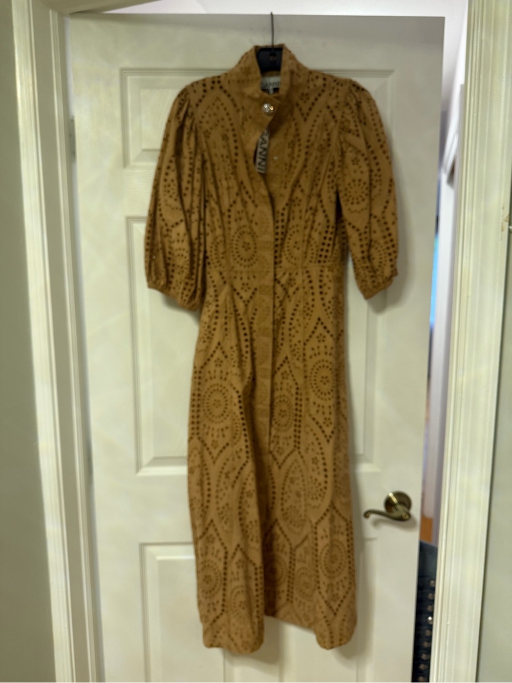 Ganni Tan Broderie Anglaise Midi Dress with Puff Sleeves - Picture 9 of 9